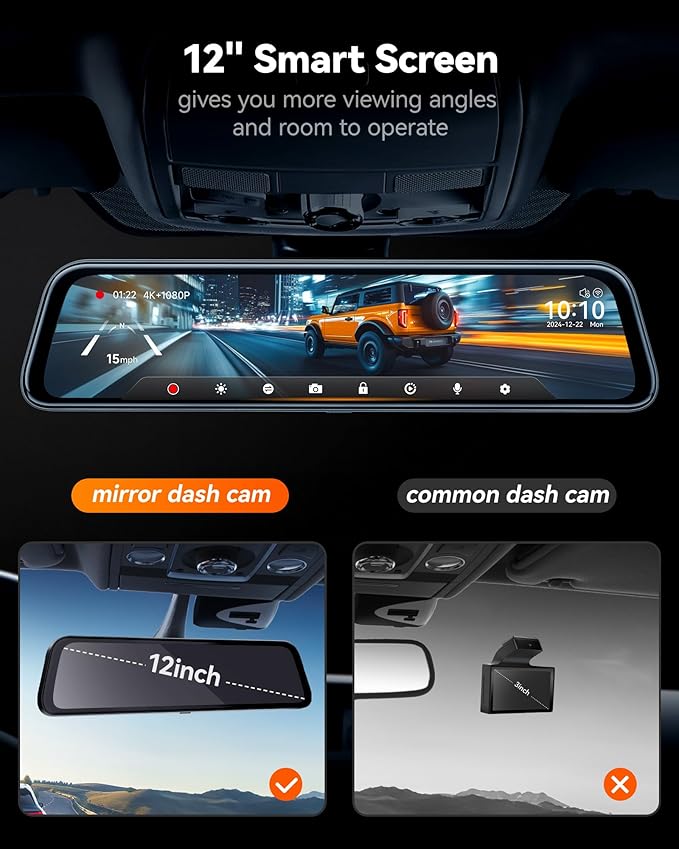WOLFBOX G840S 12" 4K Mirror Dash Cam Backup Camera, 5.8GHz WiFi Smart Rearview Mirror for Cars & Trucks, Front and Rear View Dual Cameras, Night Vision, Parking Assistance, Included 32GB Card & GPS