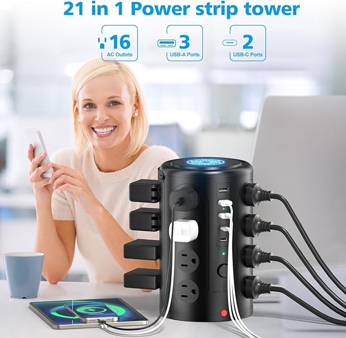 Tower Power Strip with 15W Wireless Charger, 15FT Extension Cord with Multiple Outlets, 16 AC Outlets & 5 USB (2 USB C) Charging Station Surge Protector for Office Home Dorm Room (Black)