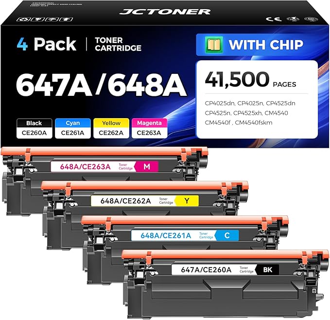 647A 648A Toner Cartridge 4-Pack Replacement for HP 647A 648A CE260A CE261A CE262A CE263A for Color LaserJet Enterprise CP4025dn CP4025n CP4525dn CP4525n CP4525xh CM4540 MFP CM4540f CM4540fskm Printer