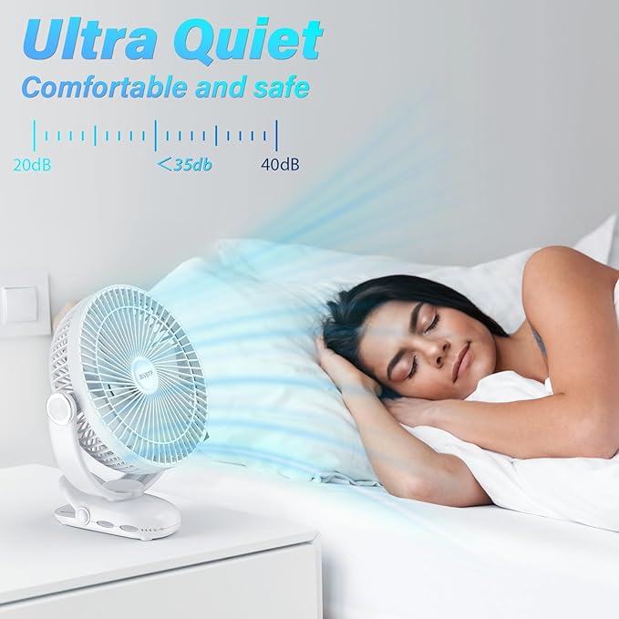 12000mAh Clip on Fan 30H Longest Runtime, 8in Portable Fan Rechargeable, Ultra Quiet with Heavy-Duty Clamp, USB Desk Fans for Golf Cart,Office Desk, Treadmill, Camping, Bedroom