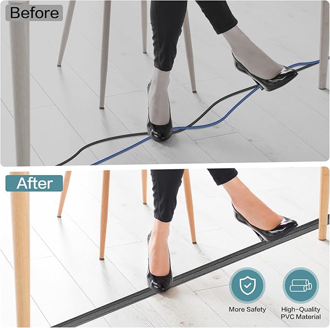 Floor Cord Cover Self Adhesive Cord Hider Floor Extension Cord Covers for Floor Power Cord Protector Cable Management Prevent Cable Trips Cable Cavity 0.47" W x 0.27" H (Deep Grey Wood, 20Ft)