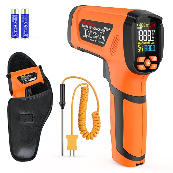 MESTEK Infrared Thermometer Temperature Gun -40℉~2912℉, High Temp Thermometer with Thermocouple Probe, Non-contact Digital Laser Thermometer Gun 50:1 Pyrometer for Industrial HVAC Forge Metal Smelting