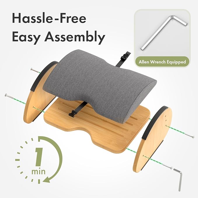 Amazer Bamboo Under Desk Footrest with Cushion 3-in-1, Reversible Ergonomic Rocking Foot Rest for Under Desk at Work, Adjustable Foot Stools with Washable Cover, Desk Leg Rest for Home Office