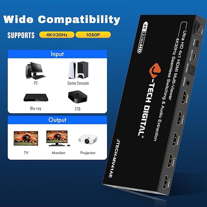 J-Tech Digital 4K HDMI Multiviewer Switch 4 in 1 Out, 4x1 4K 30Hz HDMI Quad Multiviewer Seamless Switcher with PiP, 6 Viewing Modes, Audio Extraction via Optical 3.5mm (JTECH-MV41AE)