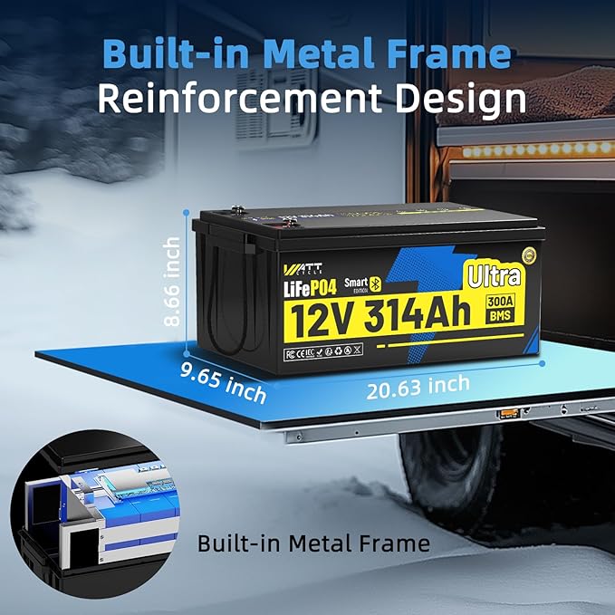 12V 314Ah LiFePO4 Lithium Battery for Golf Cart - 300A BMS, Built-in Metal Frame & Bluetooth 5.0, Full Metal 8000+ Deep Cycles Batterys, Perfect for Energy, RV, Solar, Trolling Motor
