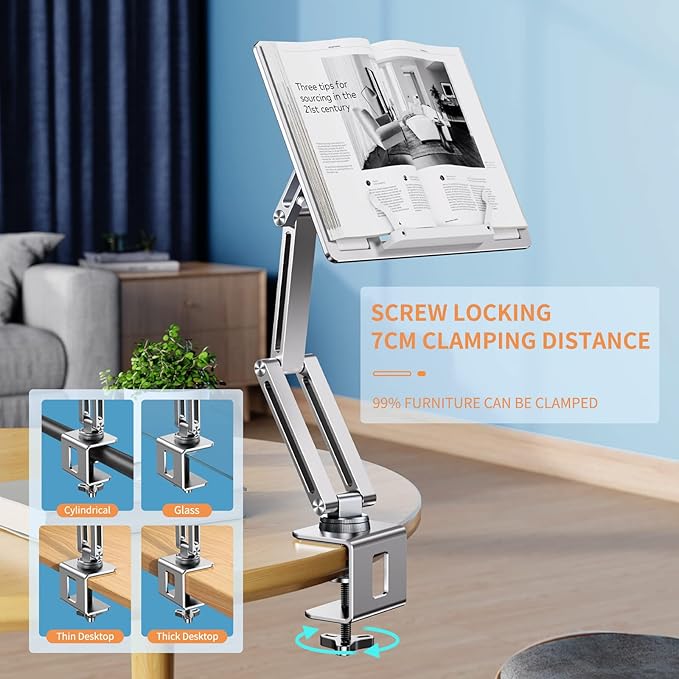 OATSBASF Tablet Stand, iPad Holder for Desk Mount, Portable Monitor Stand, Rotatable 360 Degrees, Desktop Reading Mount for Computer, iPad, Cookbooks, Recipes