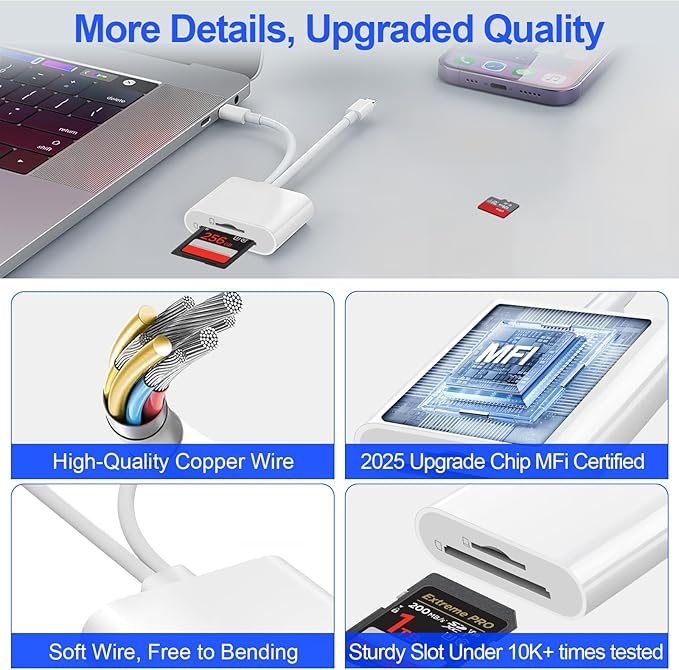 SD Card Reader for iPhone iPad, USB C & Lightning Dual Interface Memory Card Reader, Digital Camera Adapter to iPhone/MacBook/USBC Laptop for SD/TF/Sim Card, Plug & Play, Camera Accessories