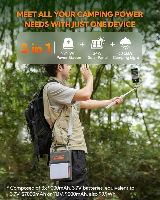 Lumopal Portable Solar Charger 99.9 Wh Battery Bank Equipped with 24W Foldable Solar Panels and 600 Lumen Adjustable LED Camping Light, 65W PD USB-C, 22W QC3.0 USB A Output for Outdoor