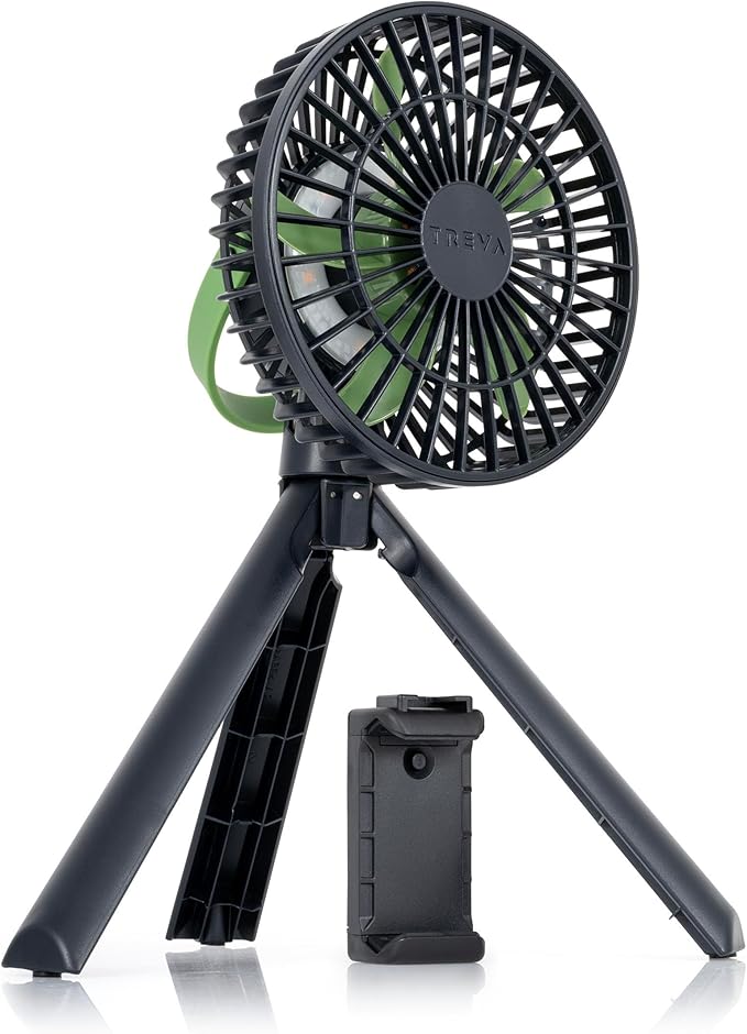 Treva 5 Inch Tripod Fan with Built-In Light and Attachable Phone Mount, Rechargeable 3-Speed Mini Fan with Handle for Travel, Camping, Outdoors