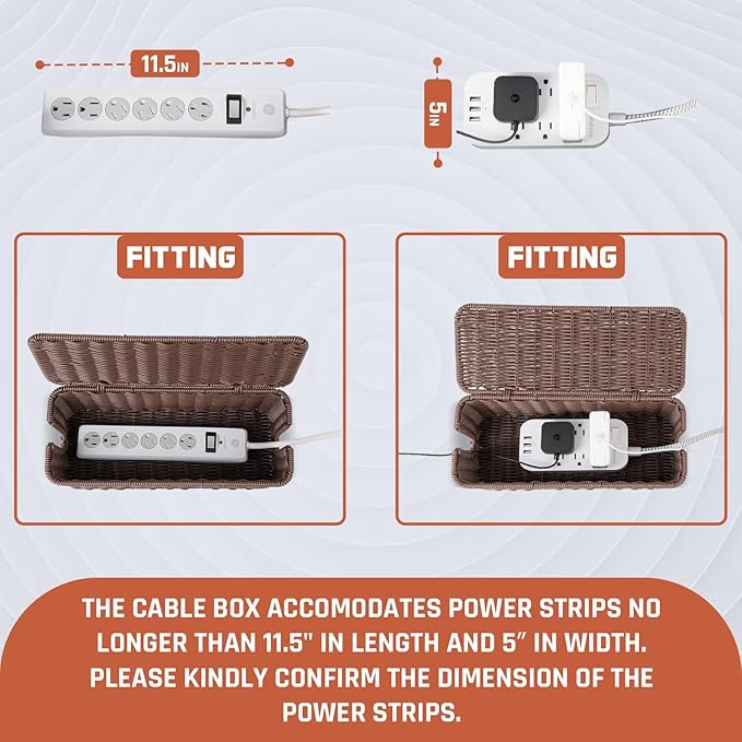 Cable Management Box, Handmade Rattan Cable Organizer, 2 Open Slots Cords Hider Box, Under Desk Cord Organizer for Computer Router USB Hub & Power Strip, Patent Pending, 13" x 5.1" x 5.1", Brown