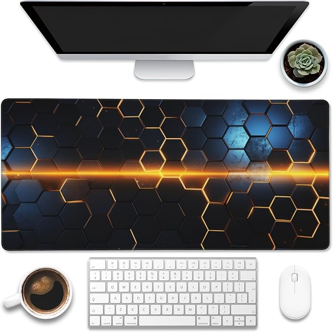 Large Gaming Mouse Pad,Golden Lines Honeycomb Technology Desk Mat,Honeycomb Technology Desk Pad,Extended Computer Keyboard Mouse Pad with Non-Slip Base and Stitched Edge,35.4"x15.7"
