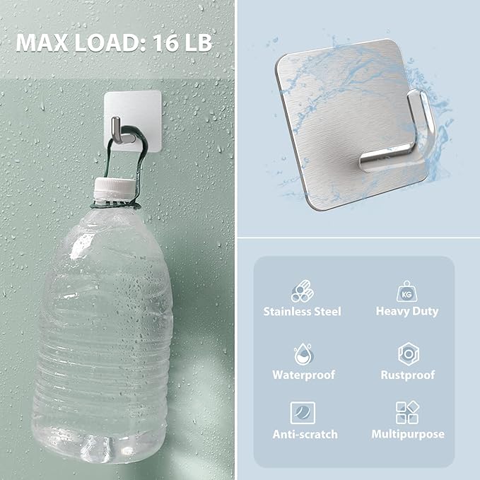 VIS'V Adhesive Hooks, Metal Shower Wall Stick on Hooks, Waterproof, 2 Extra Adhesive Strips, Silver, 4 Pcs