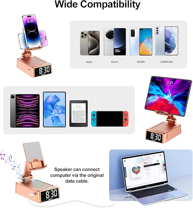Gifts for Women Girls, Phone Stand with Bluetooth Speaker 360° Rotable Angel Adjustable Cell Phone Holder for Desk with HD Subwoofer Sound Fits All Phones,Tablets (Rose Gold)