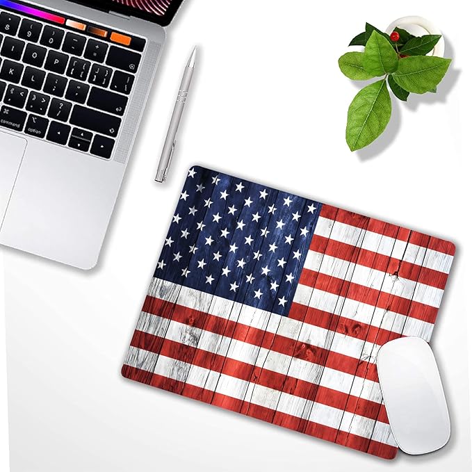 American Flag Wood Custom Mouse Pad with Non-Slip Rubber, Small Square Design for Wireless Laptop & Computer Mouse Pads for Desk, 9.5 x 7.9 inch Smooth Surface for Gaming & Office
