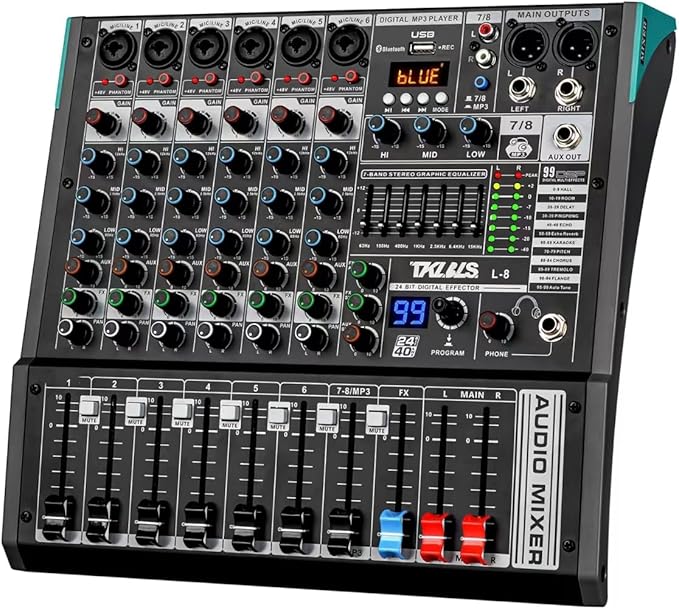 Audio Mixer, TKLBLS Professional 8 Channel DJ Mixer Board with 99-Bit DSP, Sound Board Mixing Console 7-Band EQ Output, USB Audio Interface, Bluetooth 48V Phantom Power For Karaoke Studio Streaming