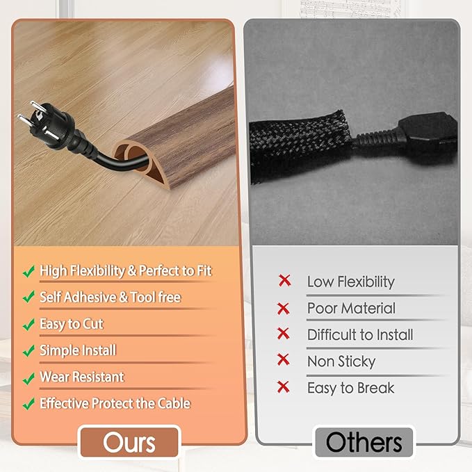 Floor Cord Cover for Wires on Floor Self Adhesive Cord Hider Floor Cable Management Wire Covers for Cords Protector Prevent Cable Trips Cord Cavity W 0.32" x H 0.32", Misty Brown Wood, 10Ft