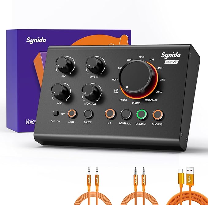 Synido Podcast Equipment, Audio Interface for Podcasting with Pro-preamp, 48V Phantom, DJ Mixer Effects, 9 Customize Sound Pads, XLR Input/6.35/3.5 Line In, for Live Streaming/Music Recording/Gaming