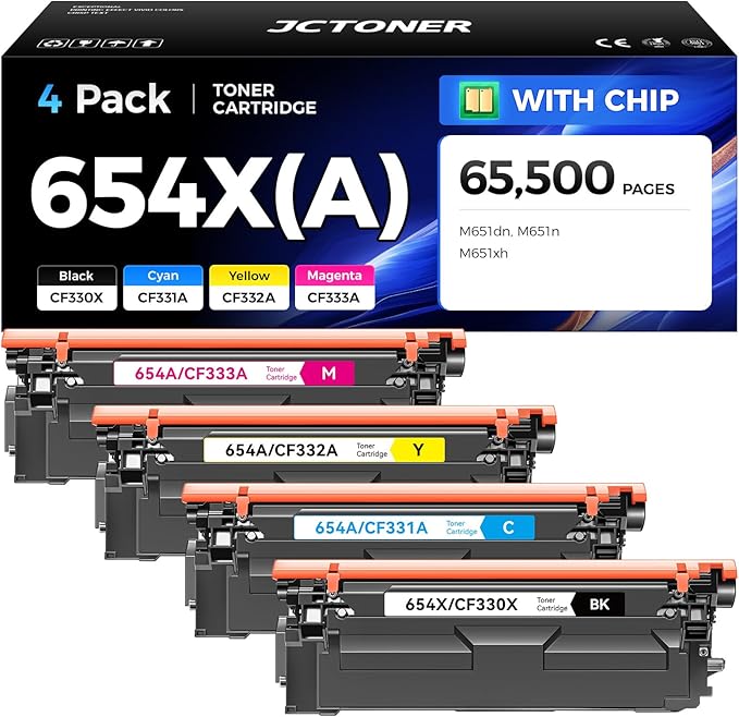 654X 654A Toner Cartridge Set 4-Pack High Yield Replacement for HP 654X 654A CF330X CF331A CF332A CF333A Compatible with HP Color LaserJet Enterprise M651dn M651n M651xh Printers Ink Black Cyan Yellow