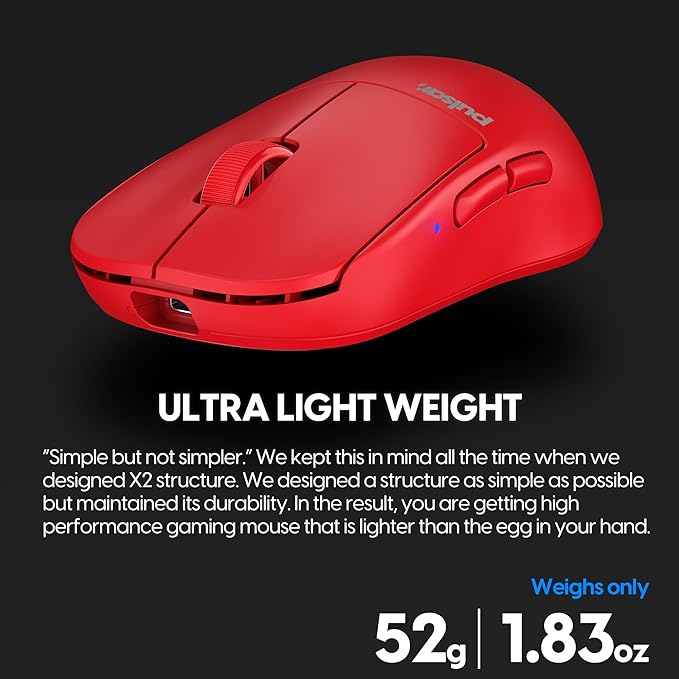 Pulsar Gaming Gears X2H mini Wireless Gaming Mouse, Limited Color Edition, Ultra Lightweight 1.83 oz (52 g), Symmetrical, Optical Switch, 26000 DPI, PAW3395 Sensor (Mini, Wireless, Red)
