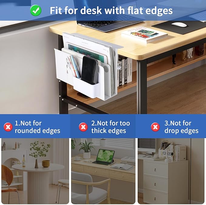LUKETURE Laptop Holder, Steel Desk Side Storage, No Drill Standing Desk Accessories, Clamp on Laptop Mount with Pen Holder, Fits Flat Edge Tables 0.3" to 2.8" (White, L(2 Tier))
