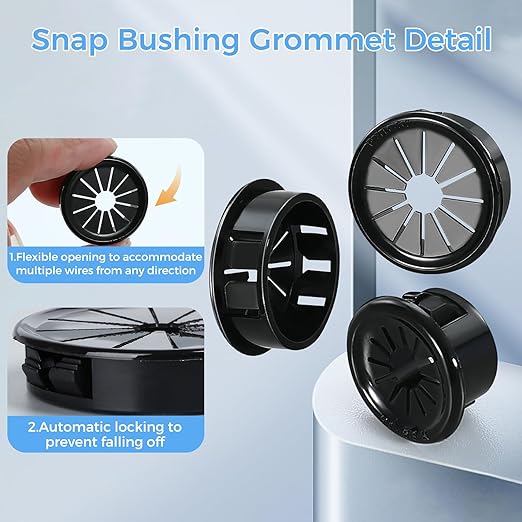 4 Pcs Cable Grommet, Snap Bushing 2-5/8" (70 mm) Mounting Diameter, Flexible Petal-Shaped Buckle Round Nylon Desk Grommet for Wires Through Countertop Cord Organizer and Protection, Black