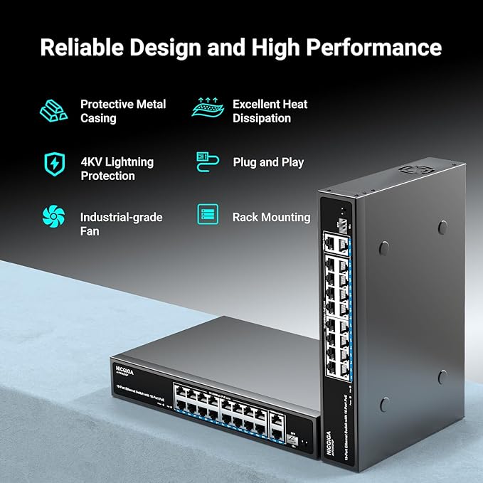 16 Port PoE Switch Unmanaged, 16 Port PoE+@250W, 2 Gigabit Uplink Ports, 1 SFP Port, NICGIGA 19 Port Network Power Over Ethernet Switch, VLAN Mode, AI Watchdog 19 inch RackMount, Plug and Play.
