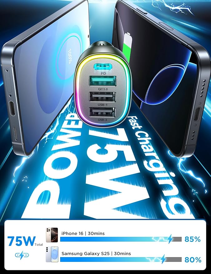 USB C Car Charger Cigarette Lighter Adapter 75W 4-Port Fast Car Charger Fast Charging Compatible with iPhone16/15/14/13 Series