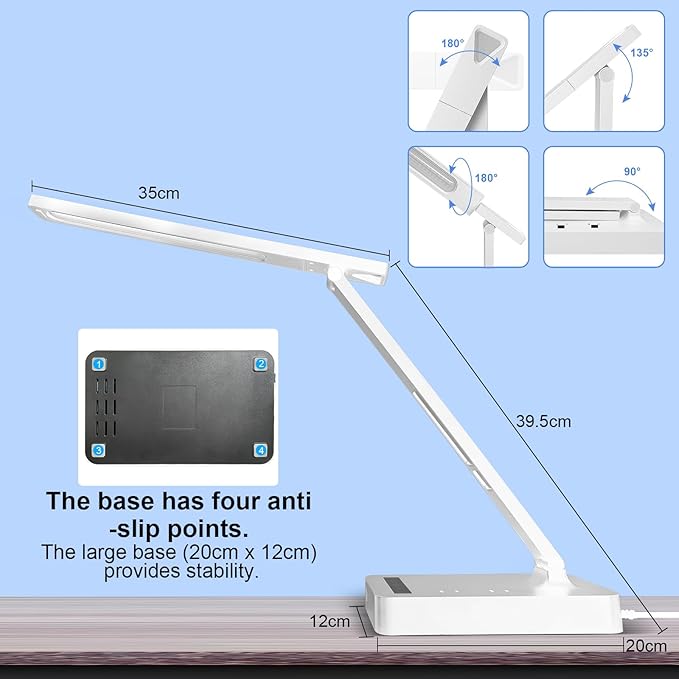 Smart Desk Lamp with Dual USB Charging (Type-C/USB-A) & 2 AC Outlets, Digital Clock, Temperature Display, 5 Color Modes, 5 Brightness, Adjustable - for Office, Bedroom, Dorm Room, Study