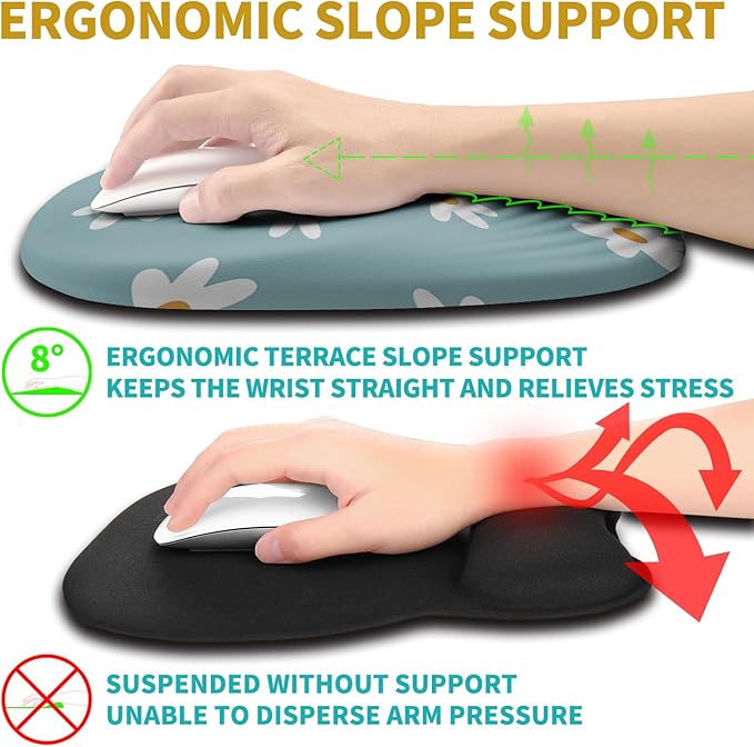 Hokafenle Ergonomic Mouse Pad Wrist Support with Stepped-Wedge Design, Wrist Rest Pain Relief Mousepad Filled with Memory Foam, Carpal Tunnel Mousepad for Wireless Mouse(12x8 inch, Little Daisy)