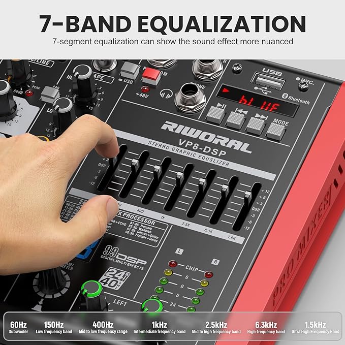 8 Channel Audio Interface Sound Board Mixing Console XLR 1/4 inch Jack USB Bluetooth Echo Delay Effect, Input 48V Phantom Power Stereo DJ Mixers for Podcasting