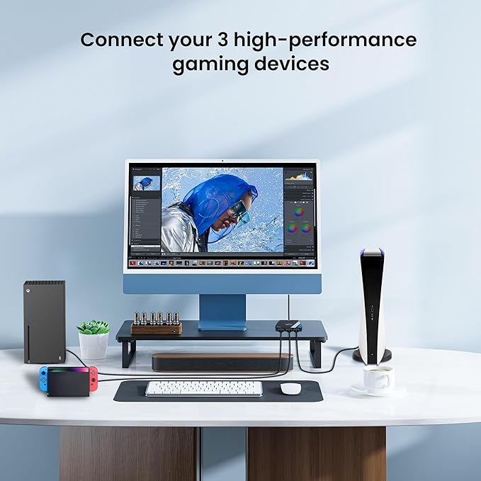NEWCARE 4K@120Hz HDMI Switch 3 in 1 Out, HDMI 2.1 Splitter 8K@60Hz with 2.6 ft HDMI 2.1 Cable, HDMI Switcher Support 48Gbps, HDR10+, VRR, Dolby, HDCP 2.3, Compatible with PS5/PS4 Xbox TV Projector