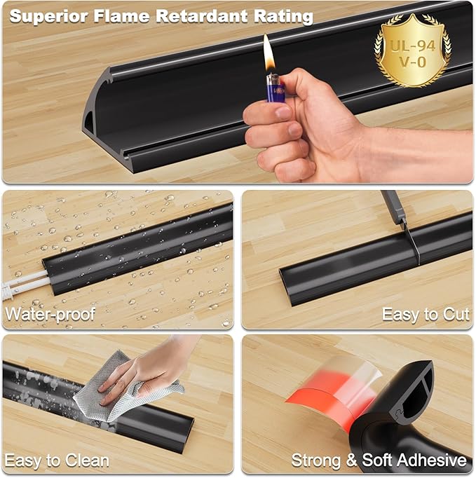 4FT Side-Open Extension Cord Covers for Wires on Floor,Silicone Power Cable Protector Cord Hider Management Strip,Hide Electric Wire on Carpet,Chord Runner Protective Safety Wiremold,Black