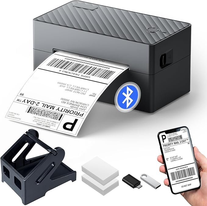 Label Printer, Bluetooth Shipping Label Printer with Black Label Holder, 4x6 Thermal Printer for Shipping Packages, Compatible with Android, iOS, Windows, Mac, Chromebook, Amazon, Ebay, UPS