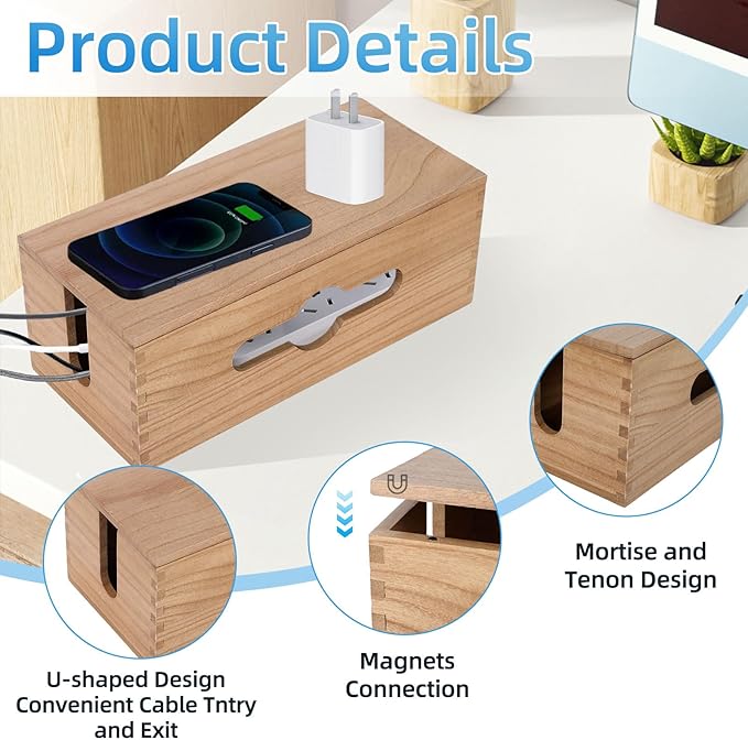 3PCS Wooden Cable Management Box Kit Wooden Cable Hider Storage Box Cord Organizer to Hide Cords & Wires for Desk Organization Protector Box for Home Office Kitchen Desk TV Computer Wires (S + M + L)