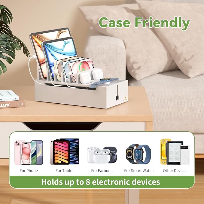 Pezin & Hulin Multi Charger Station Organizer Rack, Bamboo Cable Management Box, Power Strips and Cord Hider, Nightstand Device Organizer (Include 6 Cables)(No Power Charging Supply) -White