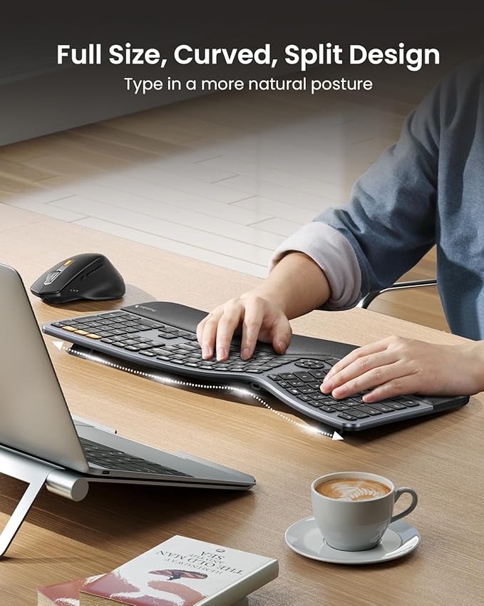 ProtoArc Ergonomic Keyboard Mouse, EKM01 Plus Full Size Wireless Bluetooth Ergo Keyboard Mouse Combo, Cushioned Palm Rest, Split Design, Rechargeable, Compatible for Windows, Mac OS - Gray and Black
