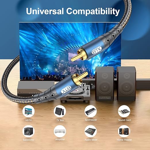 EMK Subwoofer Cable RCA to RCA Audio Cable 24K Gold-Plated Nylon Braided Double Shielded Digital Analogue Supports Amplifiers,Home Theater,Hi-Fi Systems,Subwoofer(15ft/5m)