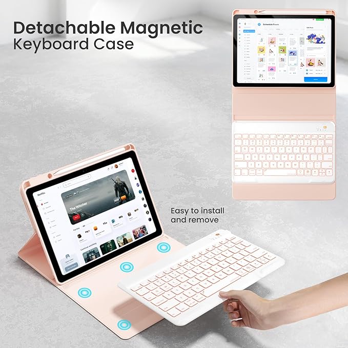 Magnetic Keyboard Case for iPad Air 5th 4th Generation 10.9 inch Pro 11 1st/2nd/3rd/4th, 7 Color Backlight BT Keyboard Folio with Pencil Holder 2022 2021 2020 2018 (Pink)