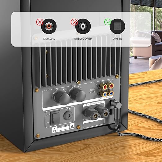 EMK 90 Degree Right Angle Optical Audio Cable [8ft/2.4M] - 360° Rotatable Digital Toslink SPDIF Cable for Soundbar to TV, Home Theater - Black Fiber Optic Cable with Angled Connector