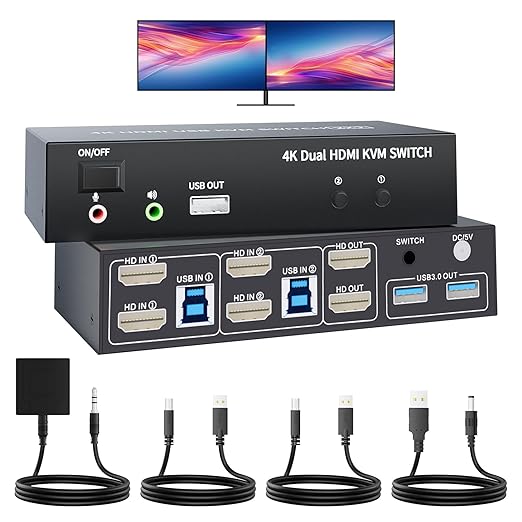 HDMI KVM Switch 2 Monitors 2 Computers 4K@60Hz USB 3.0 KVM Switcher Share Dual Monitor Extended Copy Display and 3 USB Devices Keyboard Mouse