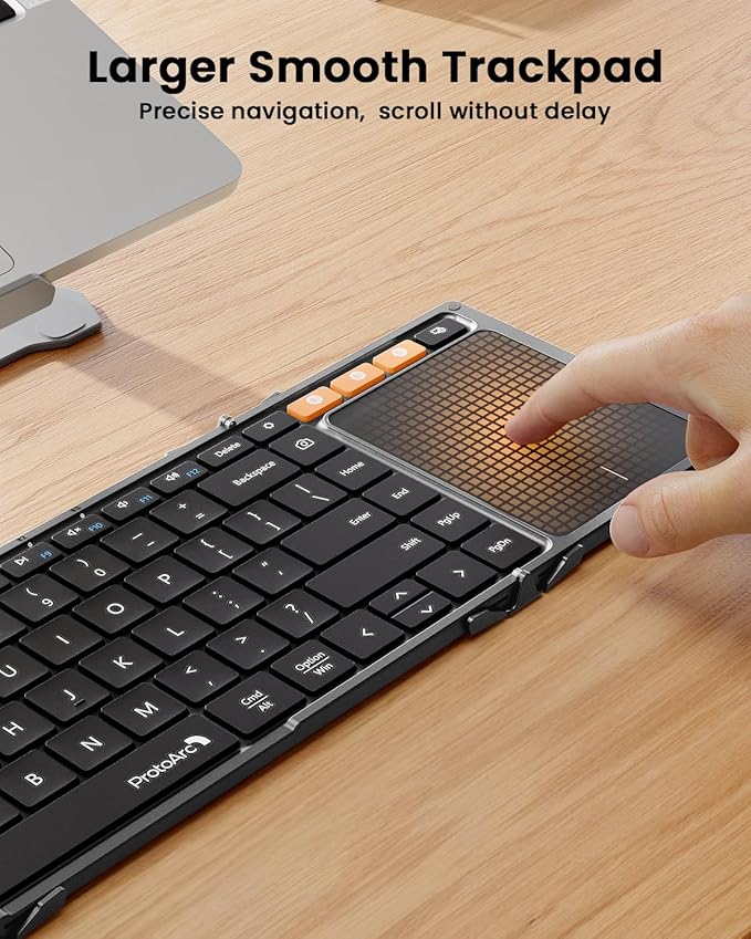 ProtoArc Foldable Keyboard with Touchpad, XK01 TP Folding Portable Keyboard, Full Size Keys, Large Trackpad Bluetooth Travel Keyboards for Laptop PC Tablet - Black Gray
