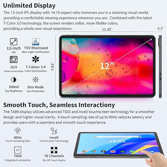 12 Inch Tablet Android 15 Tablets, 2025 Upgraded Android Tablet with Keyboard, 24GB RAM+256GB ROM(1TB Expand), Octa-Core, 2K 2000x1200 Display, 16MP Dual Camera, 8000mAh, 2.4G/5G WiFi, GPS (Silver）