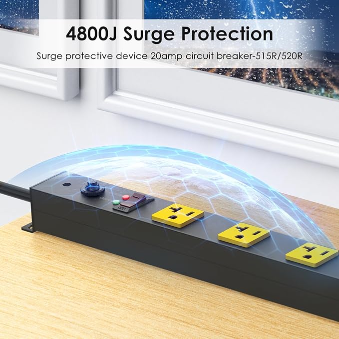 JUNNUJ Long Metal 16 Outlet Power Strip,Wide Spaced Garage Industrial Heavy Duty Power Strip,Surge Protection 4800J,Wall Mount Screws Outlet with Switch 5-15P High Amp 6-20R T-Slot (Yellow, 6FT)
