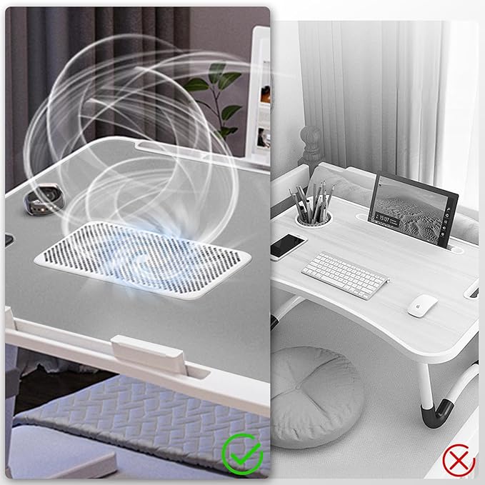 Laptop Lap Desk with Cooling Fan - Adjustable with Light, USB, Storage Drawer - Folding Bed Desk,22.04"*12.59",Grey