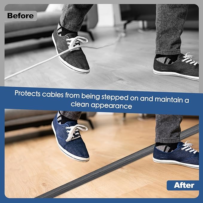 Floor Cord Cover for Wires on Floor Self Adhesive Cord Hider Floor Cable Management Wire Covers for Cords Protector Prevent Cable Trips Cord Cavity W 0.32" x H 0.32", Deep Gray Wood, 10Ft