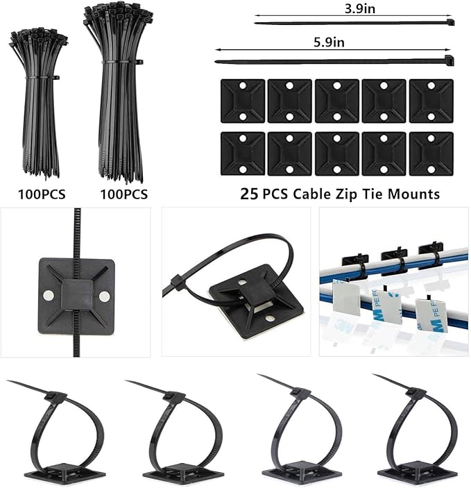 ELII 328Pcs Cable Management Kit, 8 Magnetic Cable Holder,69Adhesive Cable Clips,4 Cable Sleeve Split,22Reusable Cable Strap,200 Nylon Cable Zip Ties with 25 Mounts TV Office (Black)