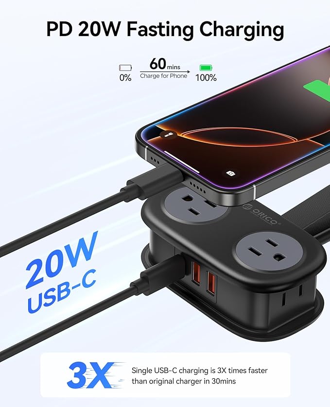 ORICO Travel Power Strip PD20W with 4 AC Outlets 3 USB Ports (1 USB-C), 4FT Flat Plug Extension Cord, Compact Portable Design for Business Travel, Cruise Ship Essentials-AP3