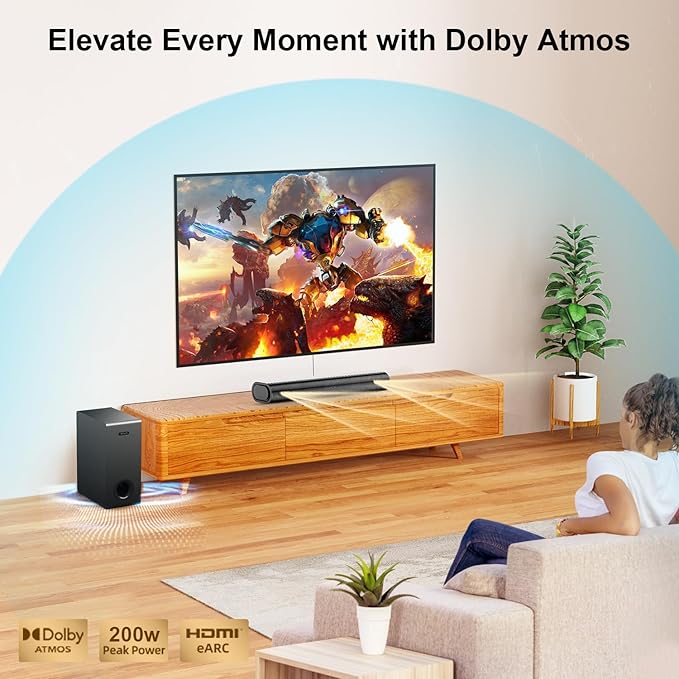 Hiwill 2.1CH Dolby Atmos Soundbar with Subwoofer, 200W Peak Power, Home Theater Sound Bar for Smart TV, Adjustable Treble and Bass, Clear Dialogue, HDMI eARC/ARC/Opt/BT/AUX, HiElite A21