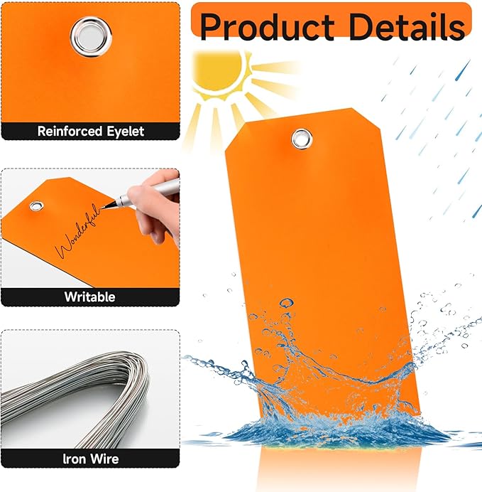 AmazonBasics 100pc Plastic Shipping Tags - BrieFcase Wires, Blank with Reinforcement Hole, Orange, 6 1/4" x 3 1/8" Durable Waterproof Hang Tags