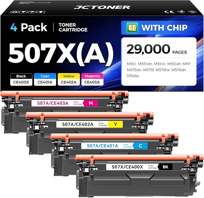507X 507A Toner Cartridge Set 4-Pack High Yield Replacement for HP 507X 507A CE400X CE401A CE402A CE403A Compatible with HP Color LaserJet Enterprise 500 Color M551 M551dn M570dn M570dw M575fw Printer